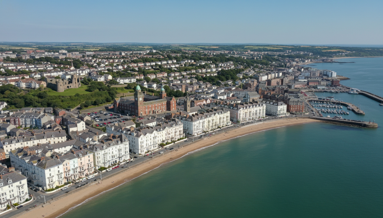 Aberystwyth, UK - aerial view showing the town center and local architecture