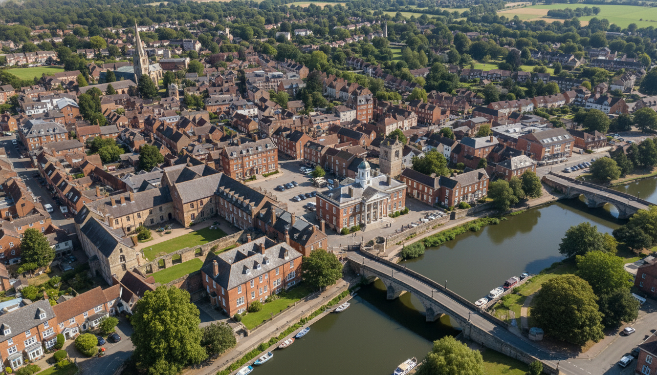 Abingdon, UK - aerial view showing the town center and local architecture