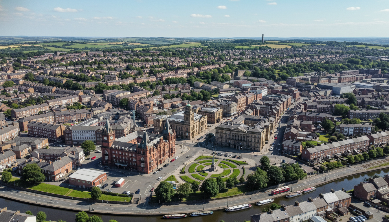 Accrington, UK - aerial view showing the town center and local architecture