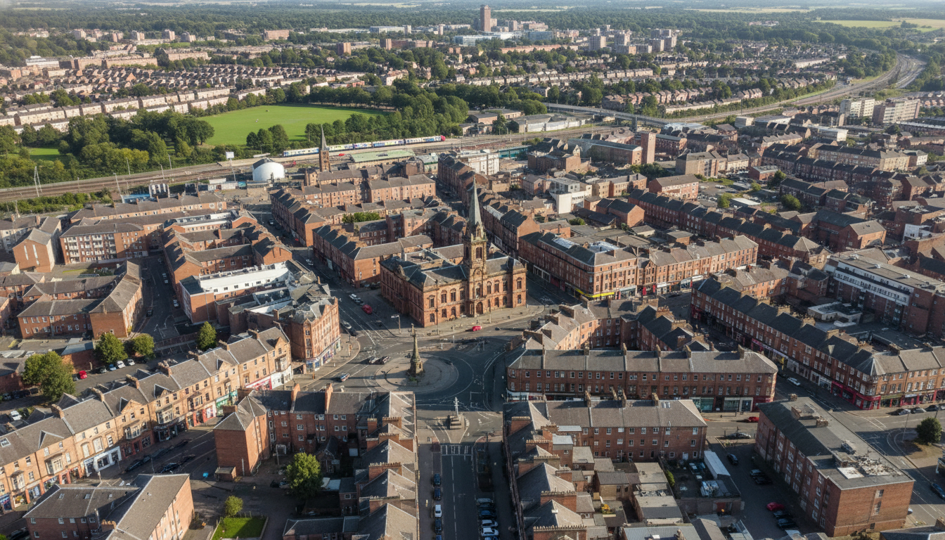 Airdrie, UK - aerial view showing the town center and local architecture