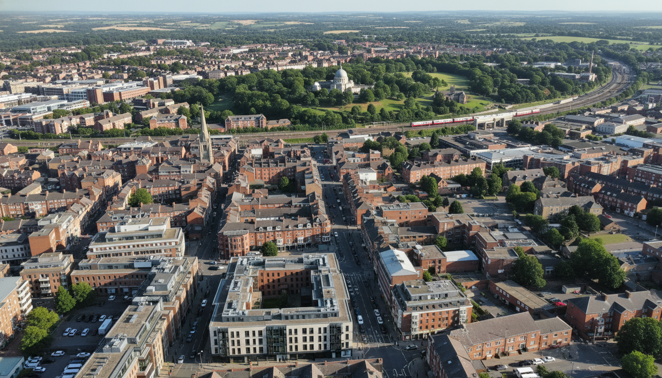Aldershot, UK - aerial view showing the town center and local architecture