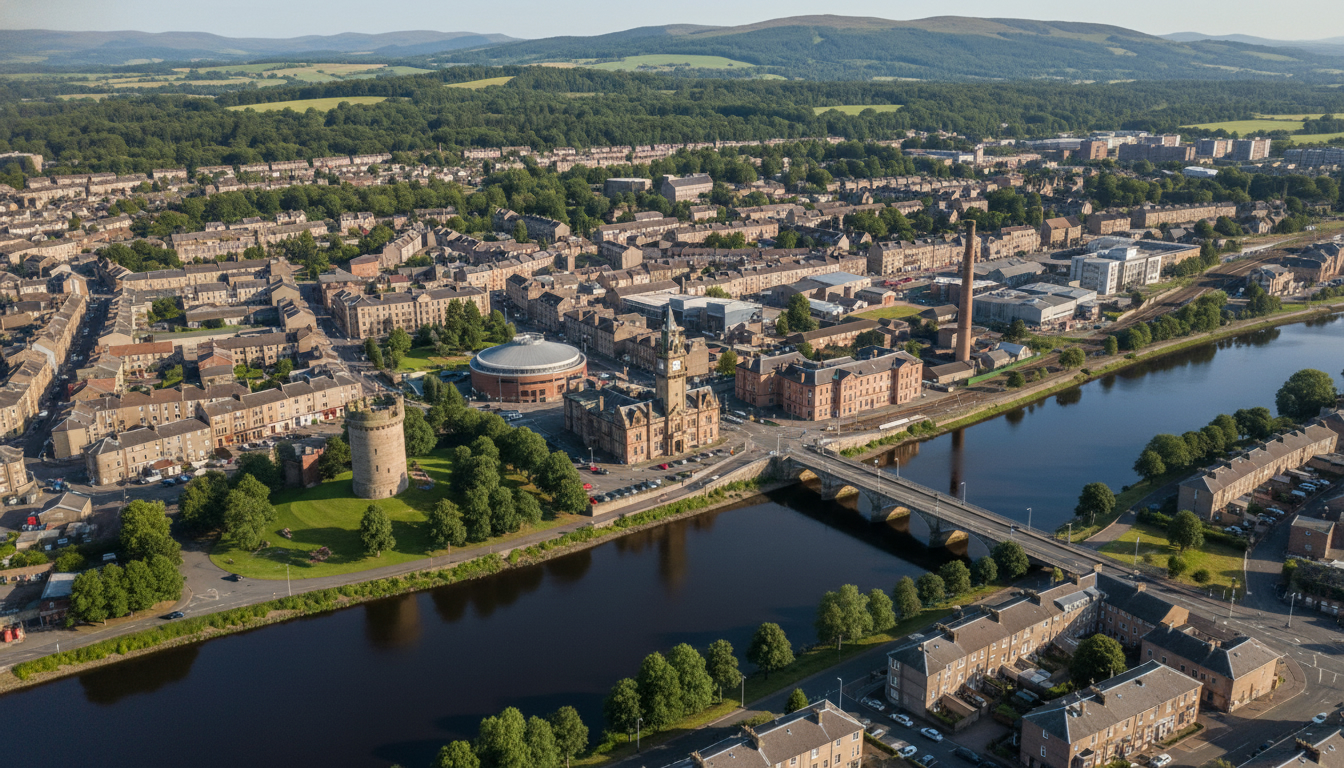 Alloa, UK - aerial view showing the town center and local architecture