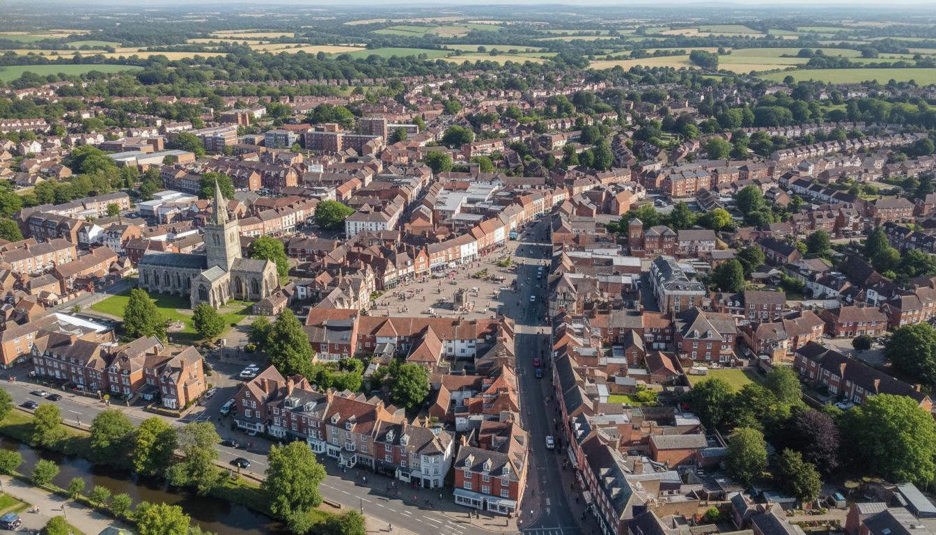 Alton, UK - aerial view showing the town center and local architecture
