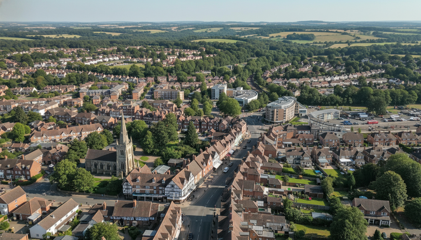 Amersham, UK - aerial view showing the town center and local architecture