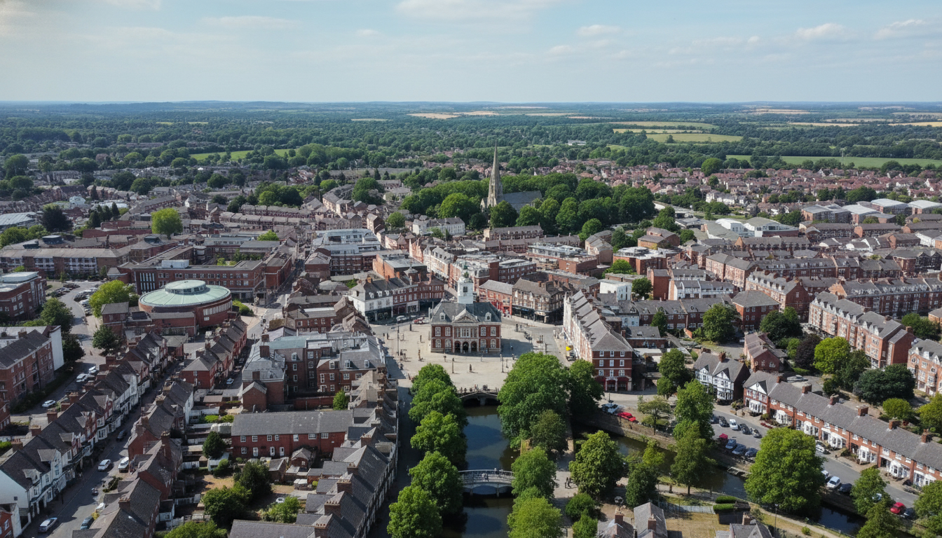 Andover, UK - aerial view showing the town center and local architecture