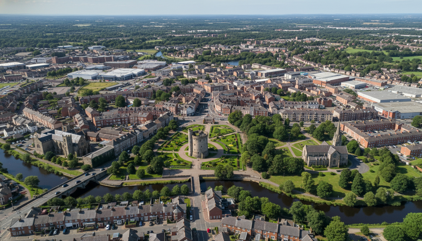 Antrim, UK - aerial view showing the town center and local architecture