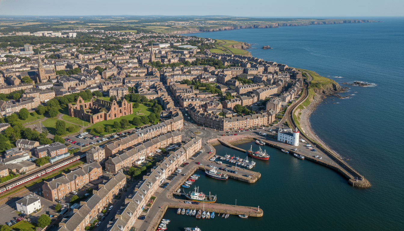 Arbroath, UK - aerial view showing the town center and local architecture