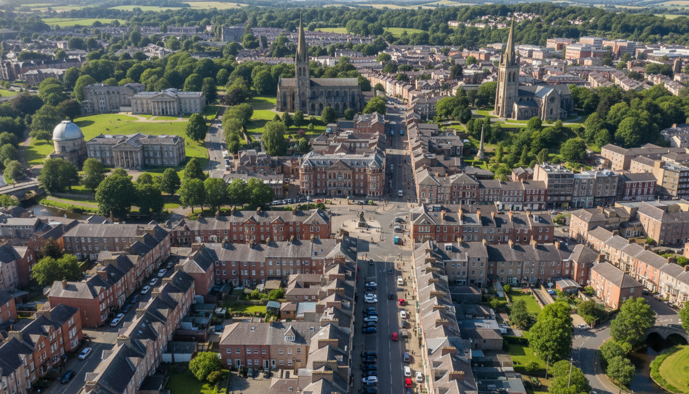 Armagh, UK - aerial view showing the town center and local architecture