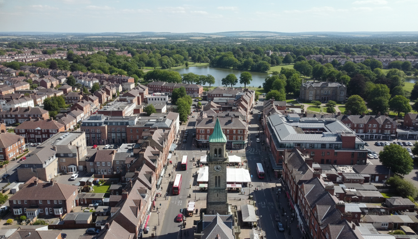 Arnold, UK - aerial view showing the town center and local architecture