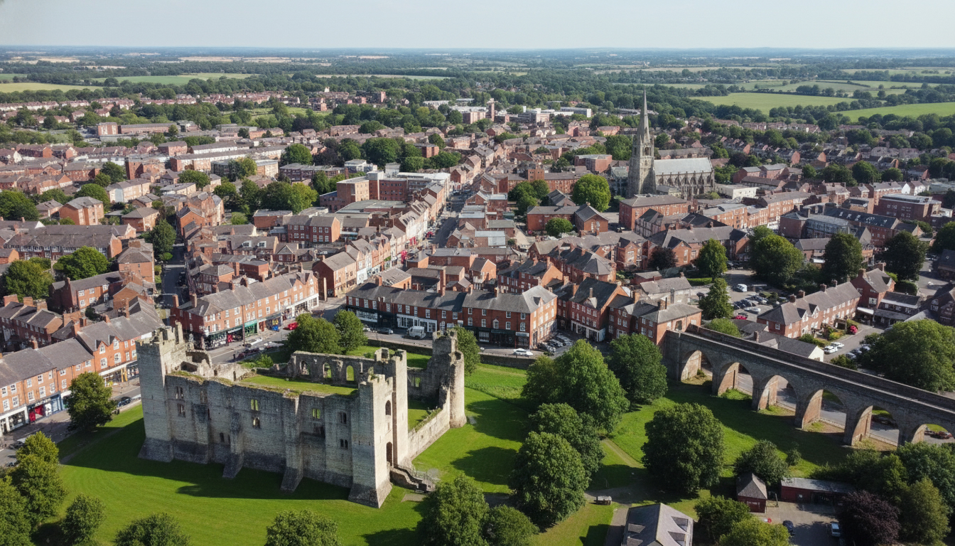 Ashby-de-la-Zouch, UK - aerial view showing the town center and local architecture