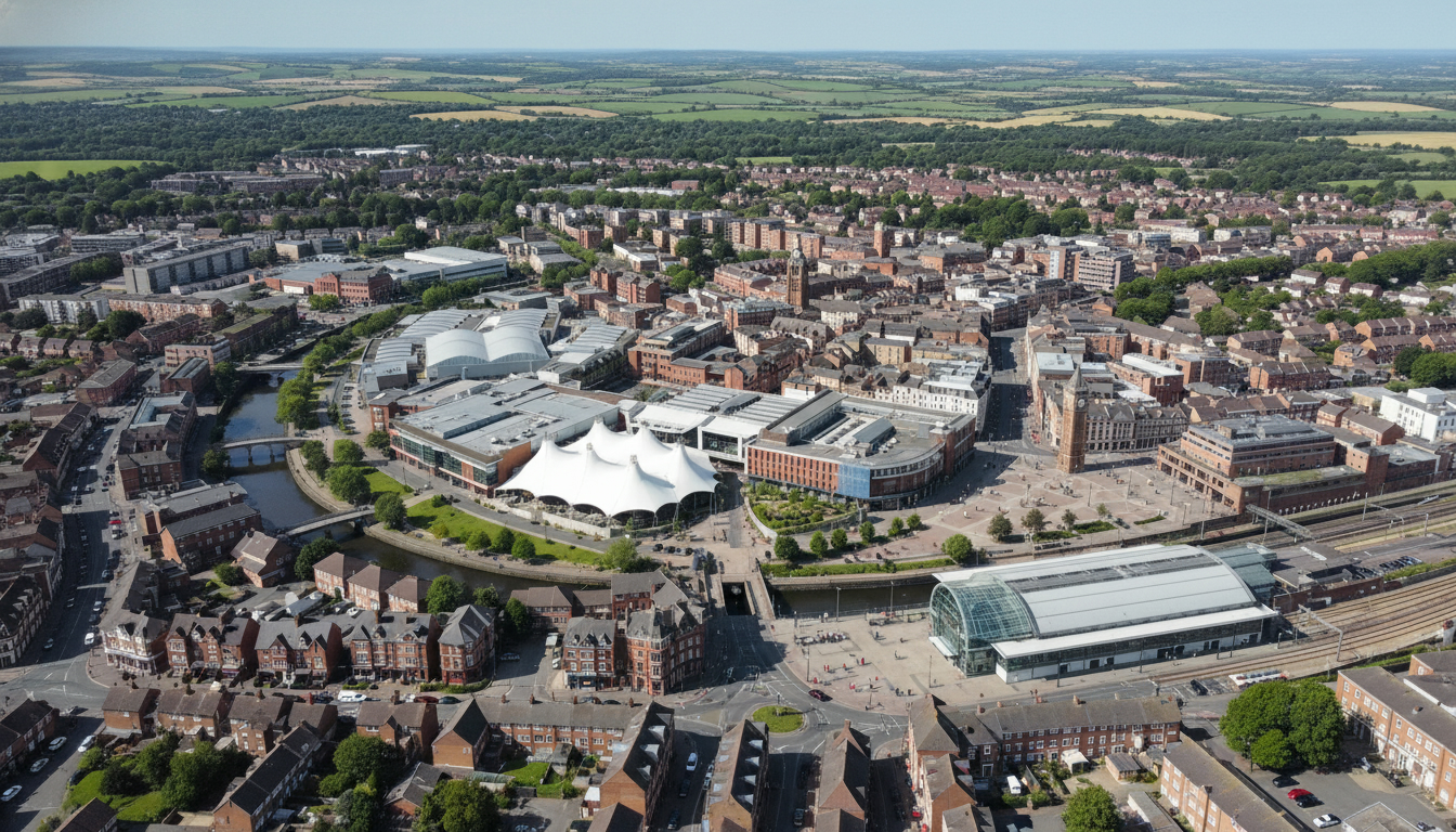 Ashford, UK - aerial view showing the town center and local architecture