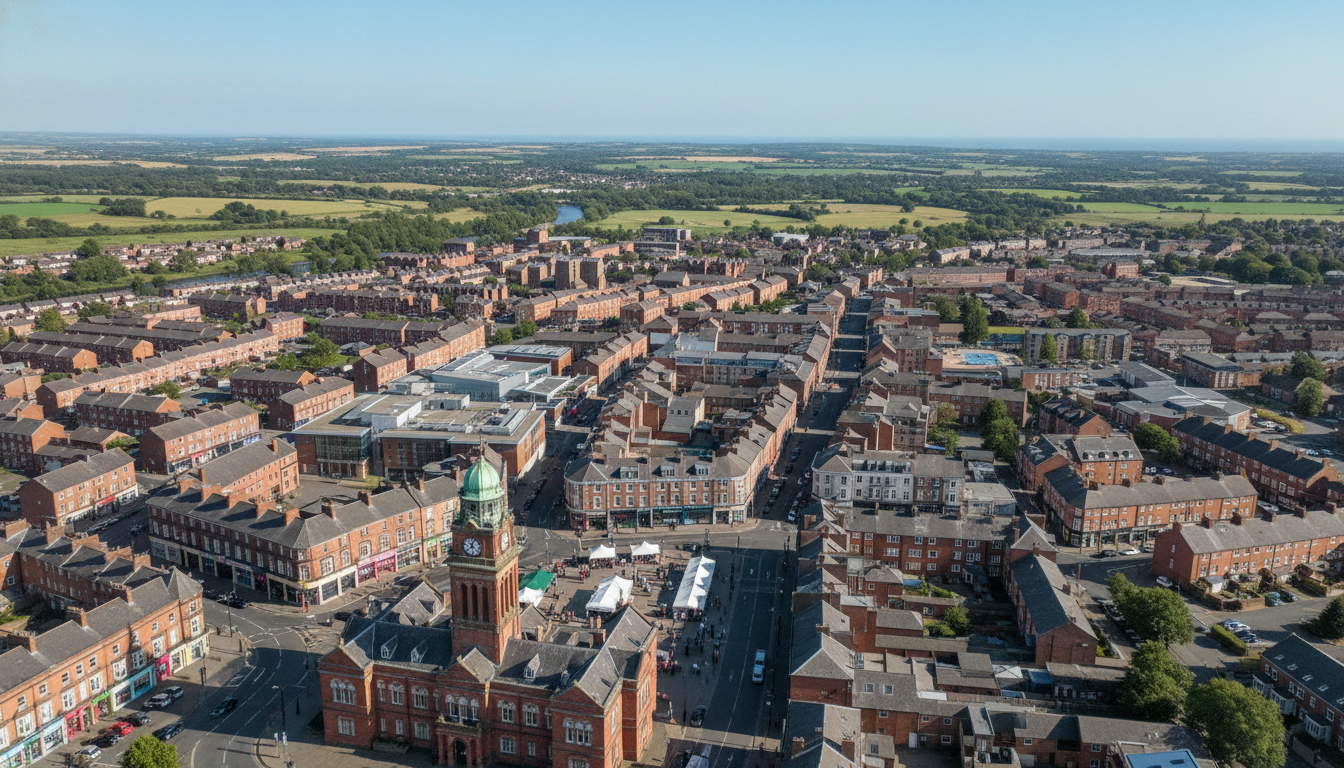 Ashington, UK - aerial view showing the town center and local architecture