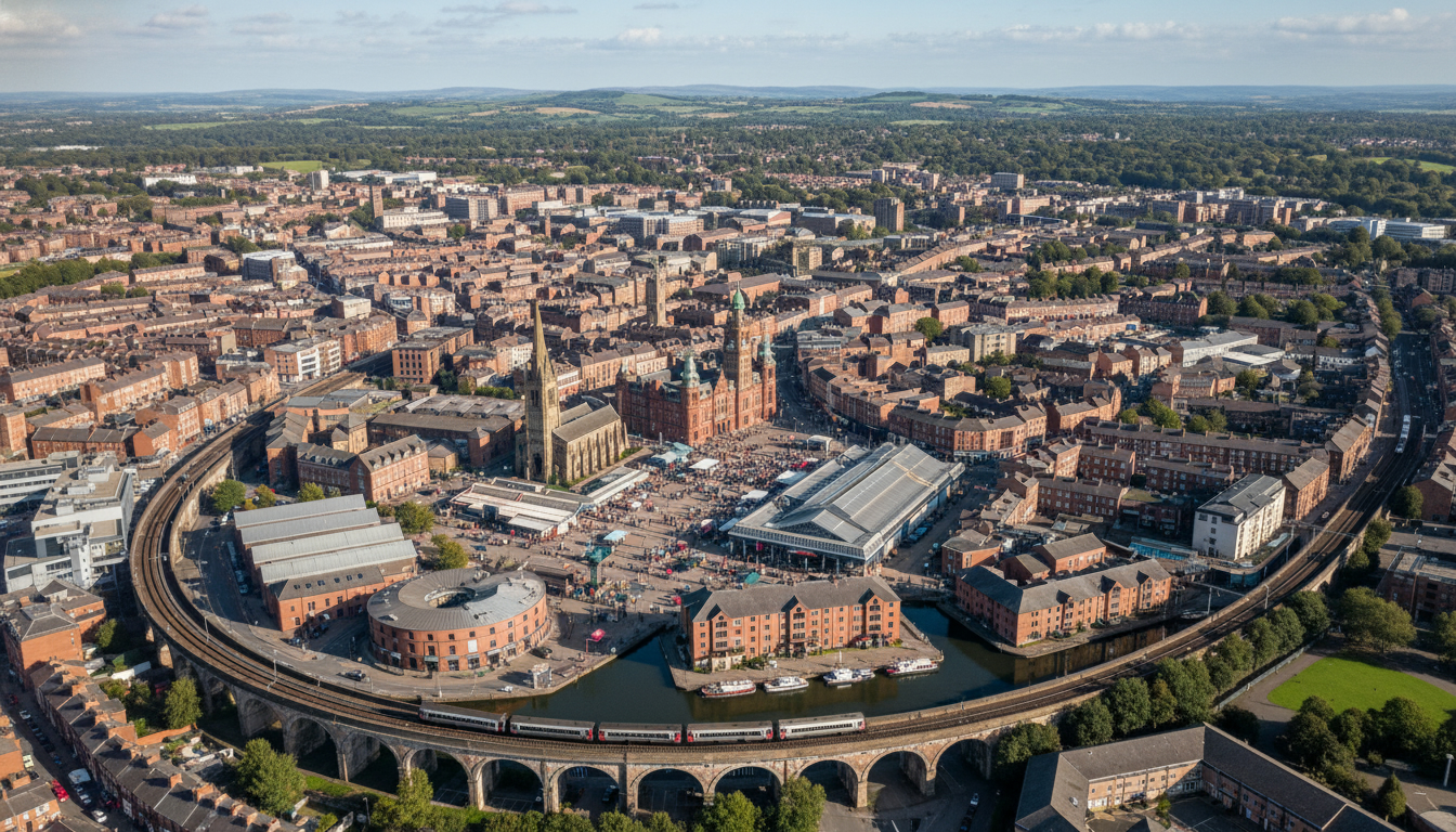 Ashton-under-Lyne, UK - aerial view showing the town center and local architecture