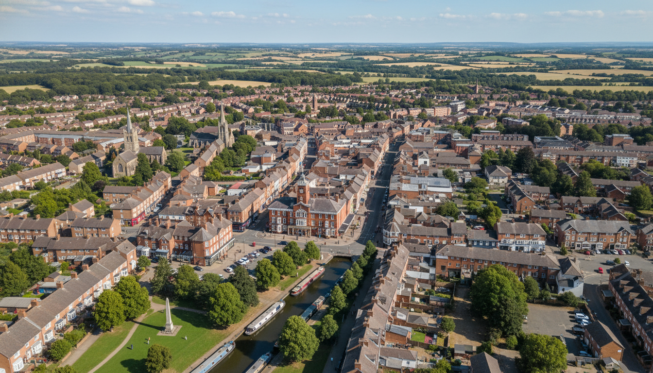 Atherstone, UK - aerial view showing the town center and local architecture