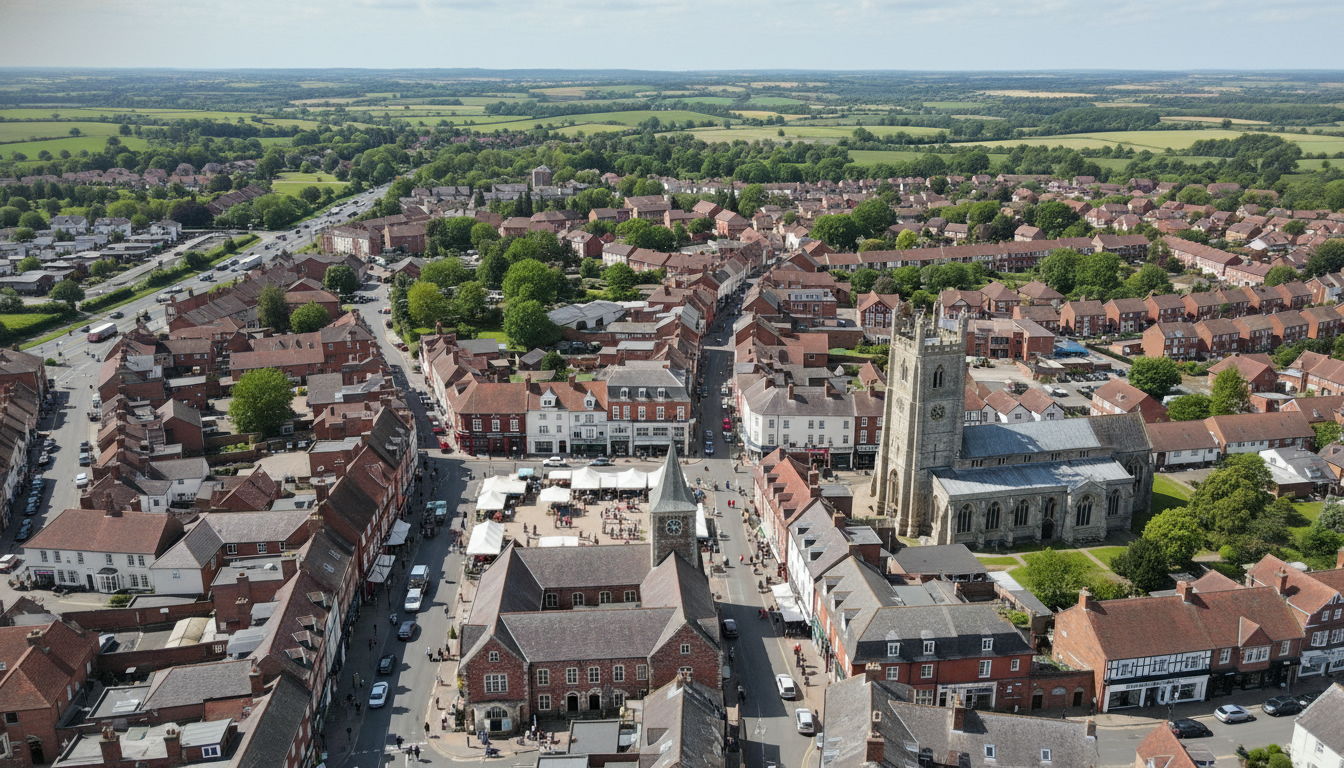 Attleborough, UK - aerial view showing the town center and local architecture