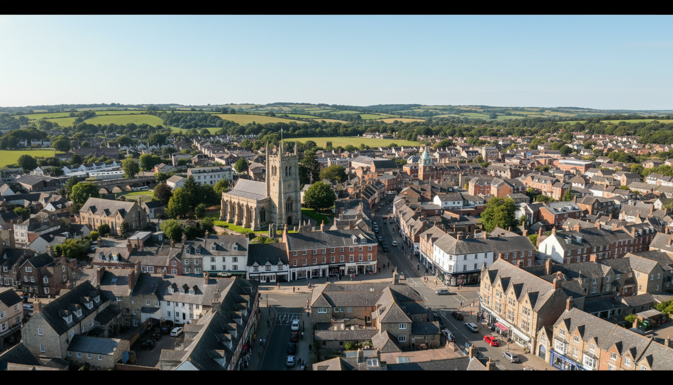 Axminster, UK - aerial view showing the town center and local architecture