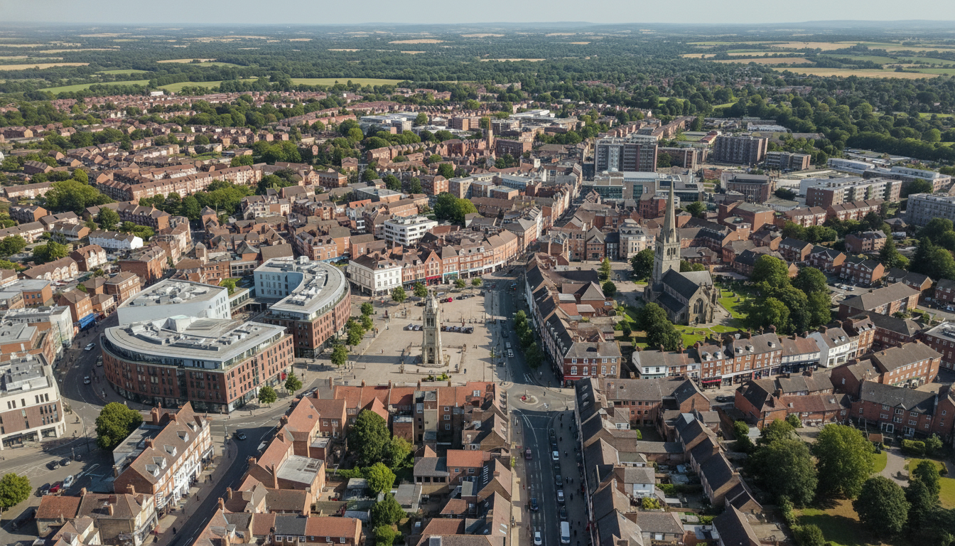 Aylesbury, UK - aerial view showing the town center and local architecture