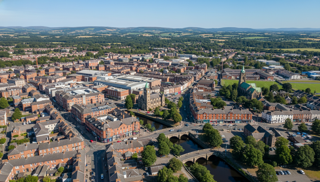 Ballymena, UK - aerial view showing the town center and local architecture