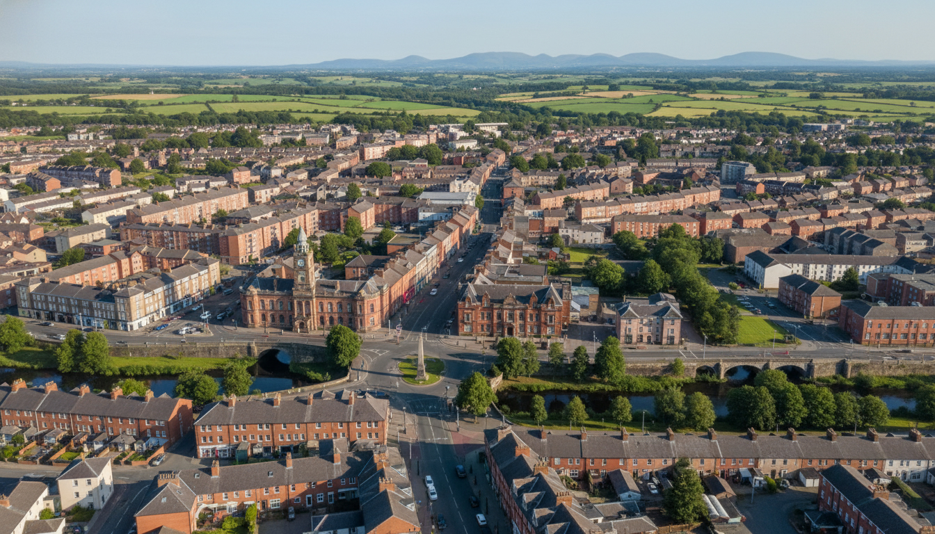 Banbridge, UK - aerial view showing the town center and local architecture