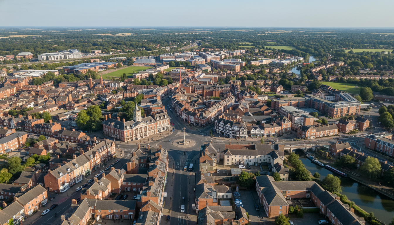 Banbury, UK - aerial view showing the town center and local architecture