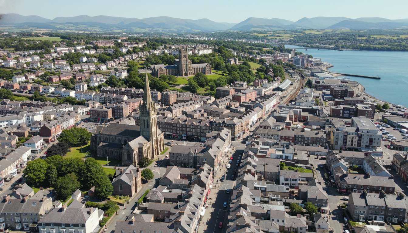 Bangor, UK - aerial view showing the town center and local architecture