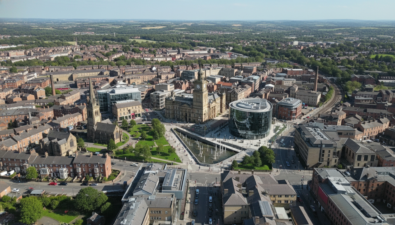 Barnsley, UK - aerial view showing the town center and local architecture