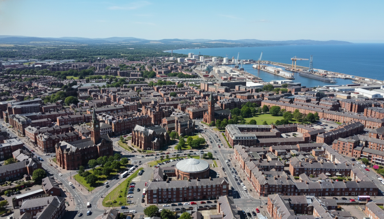 Barrow-in-Furness, UK - aerial view showing the town center and local architecture