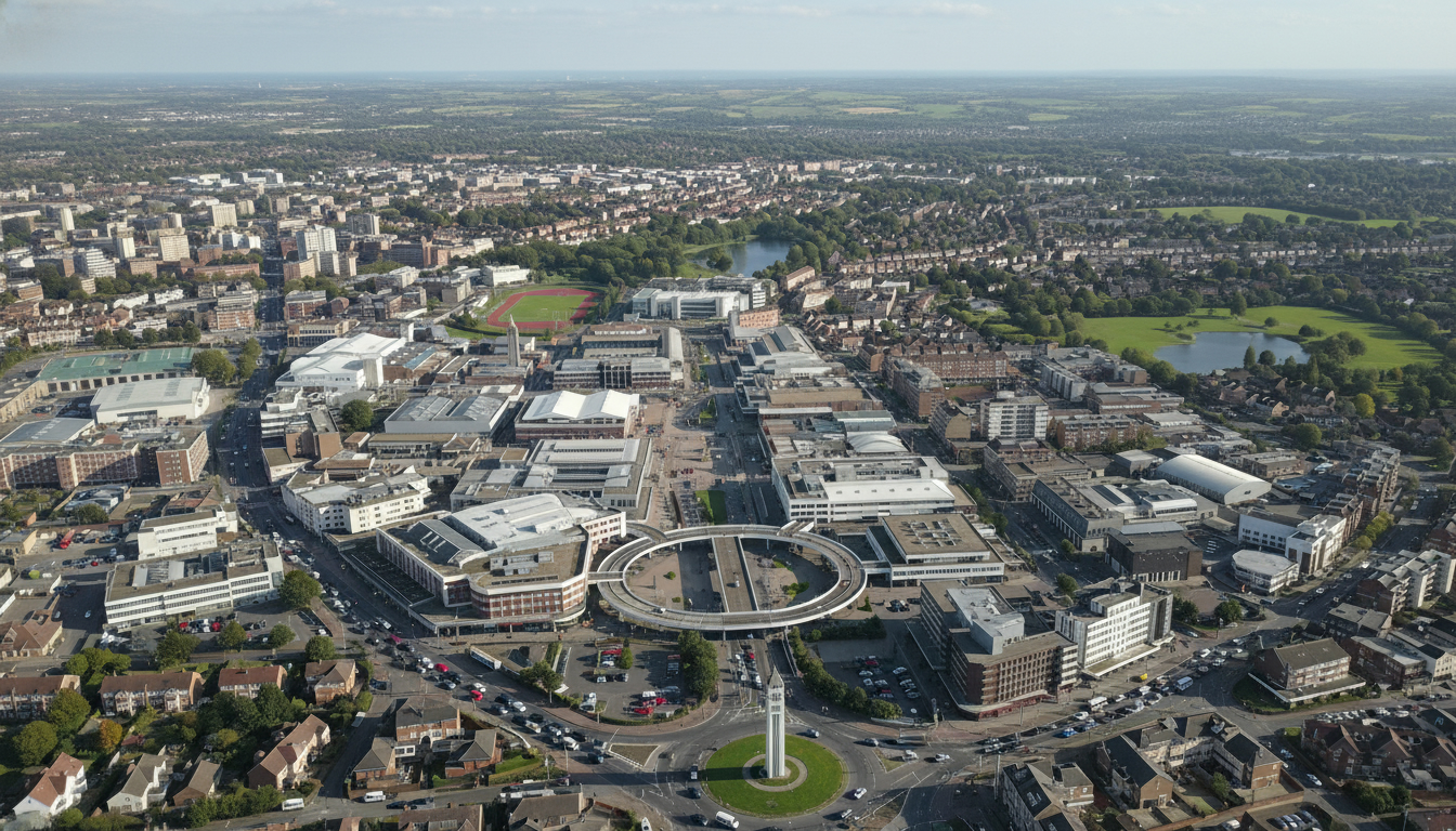 Basildon, UK - aerial view showing the town center and local architecture