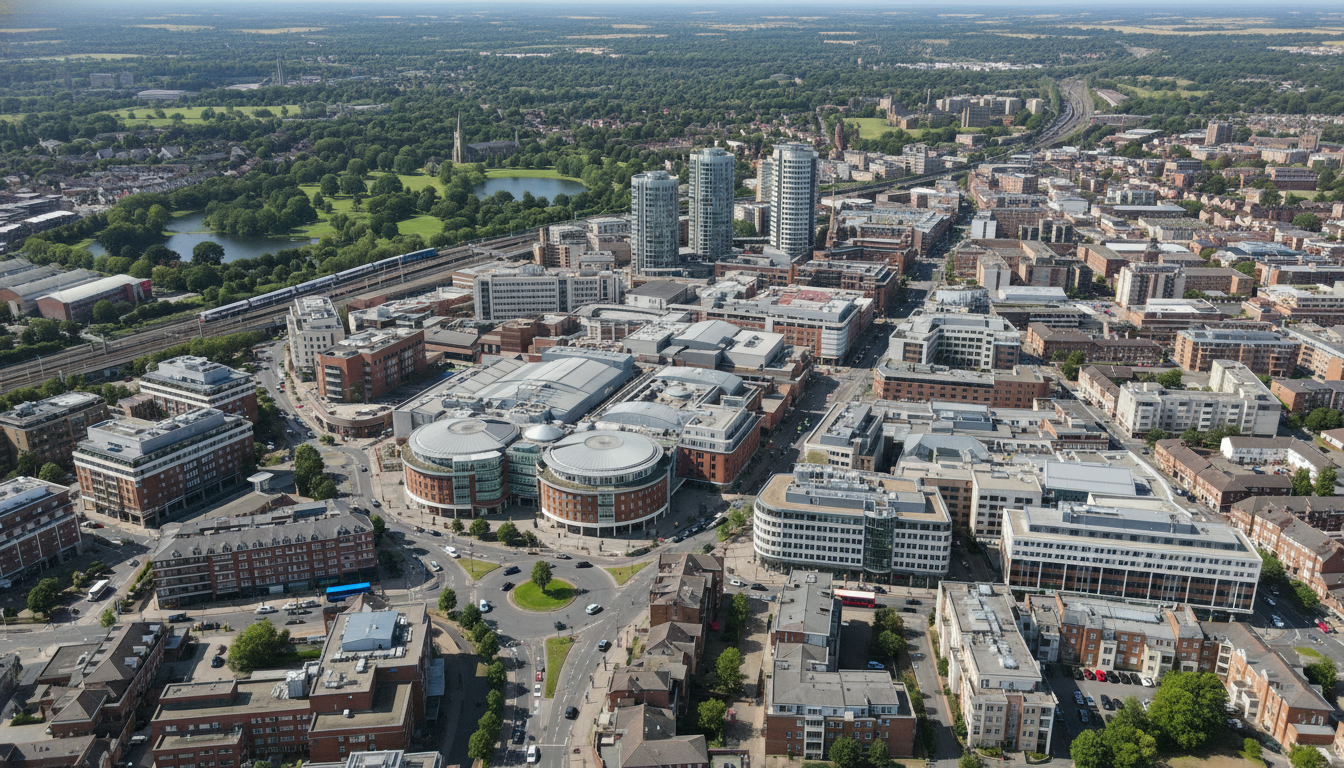 Basingstoke, UK - aerial view showing the town center and local architecture