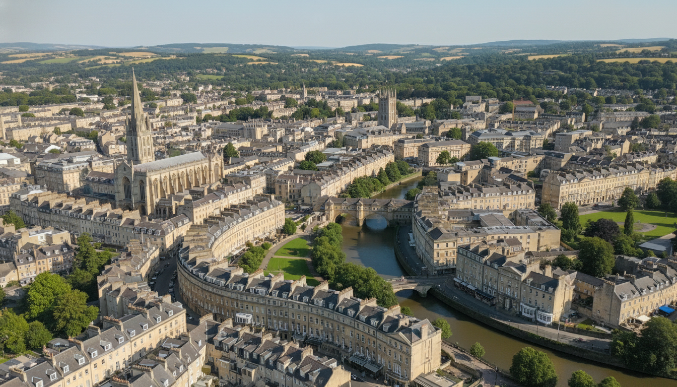 Bath, UK - aerial view showing the town center and local architecture