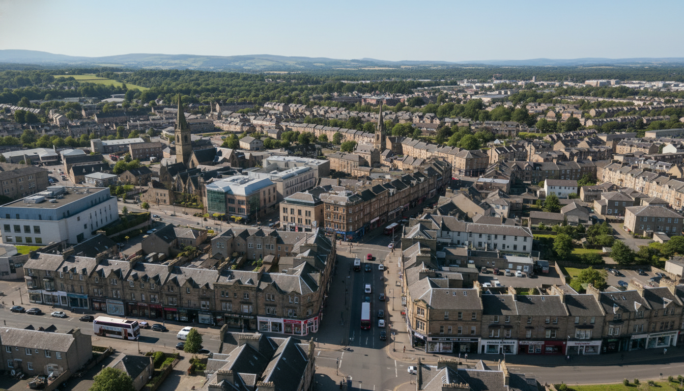 Bathgate, UK - aerial view showing the town center and local architecture