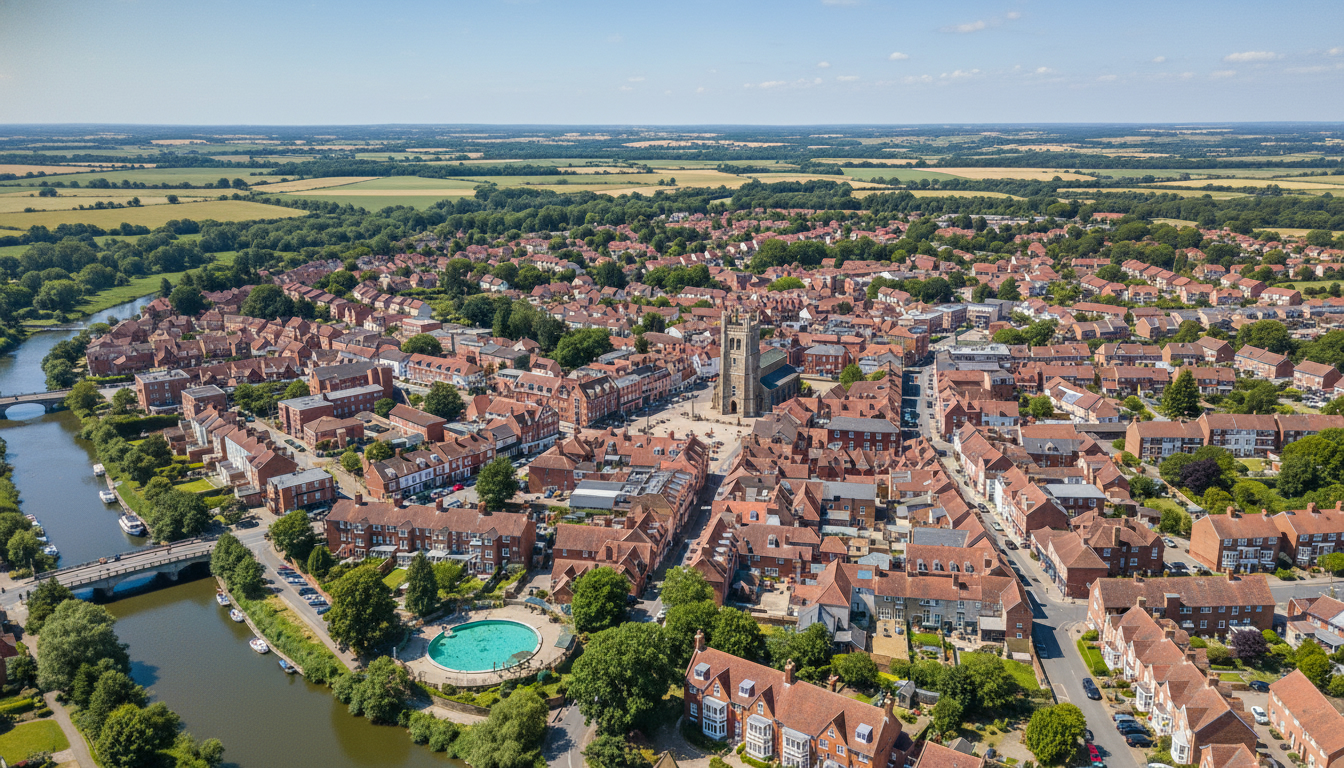 Beccles, UK - aerial view showing the town center and local architecture