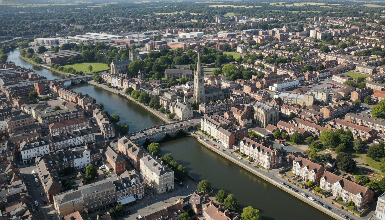 Bedford, UK - aerial view showing the town center and local architecture