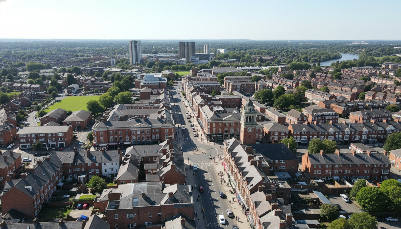 Beeston, UK - aerial view showing the town center and local architecture