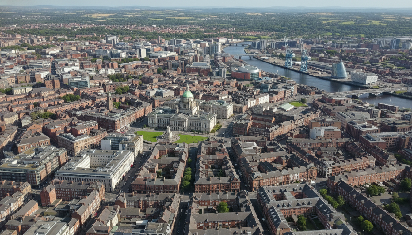 Belfast, UK - aerial view showing the town center and local architecture