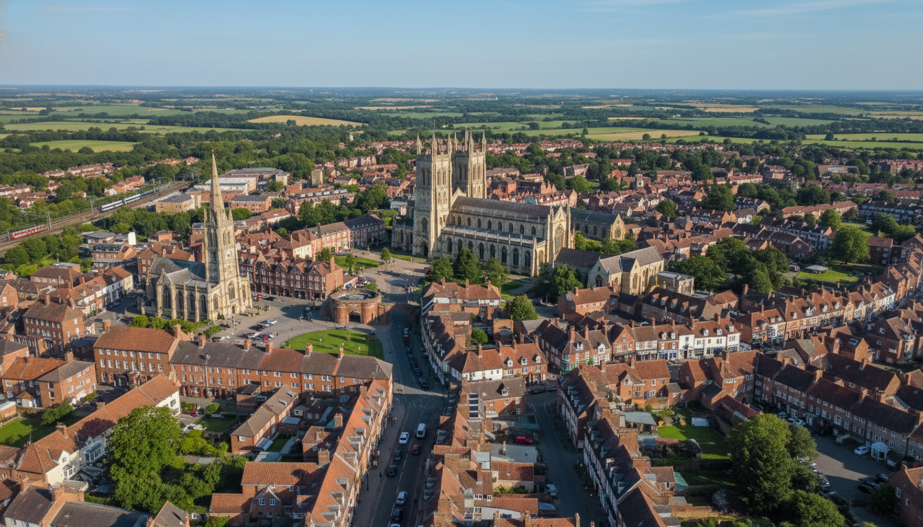 Beverley, UK - aerial view showing the town center and local architecture