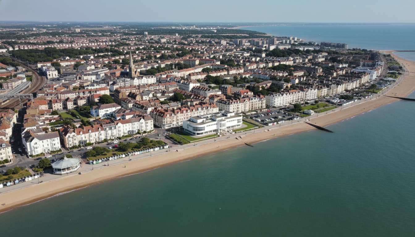 Bexhill-on-Sea, UK - aerial view showing the town center and local architecture