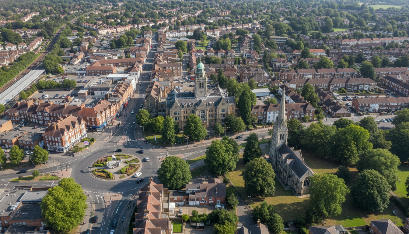 Bexley, UK - aerial view showing the town center and local architecture