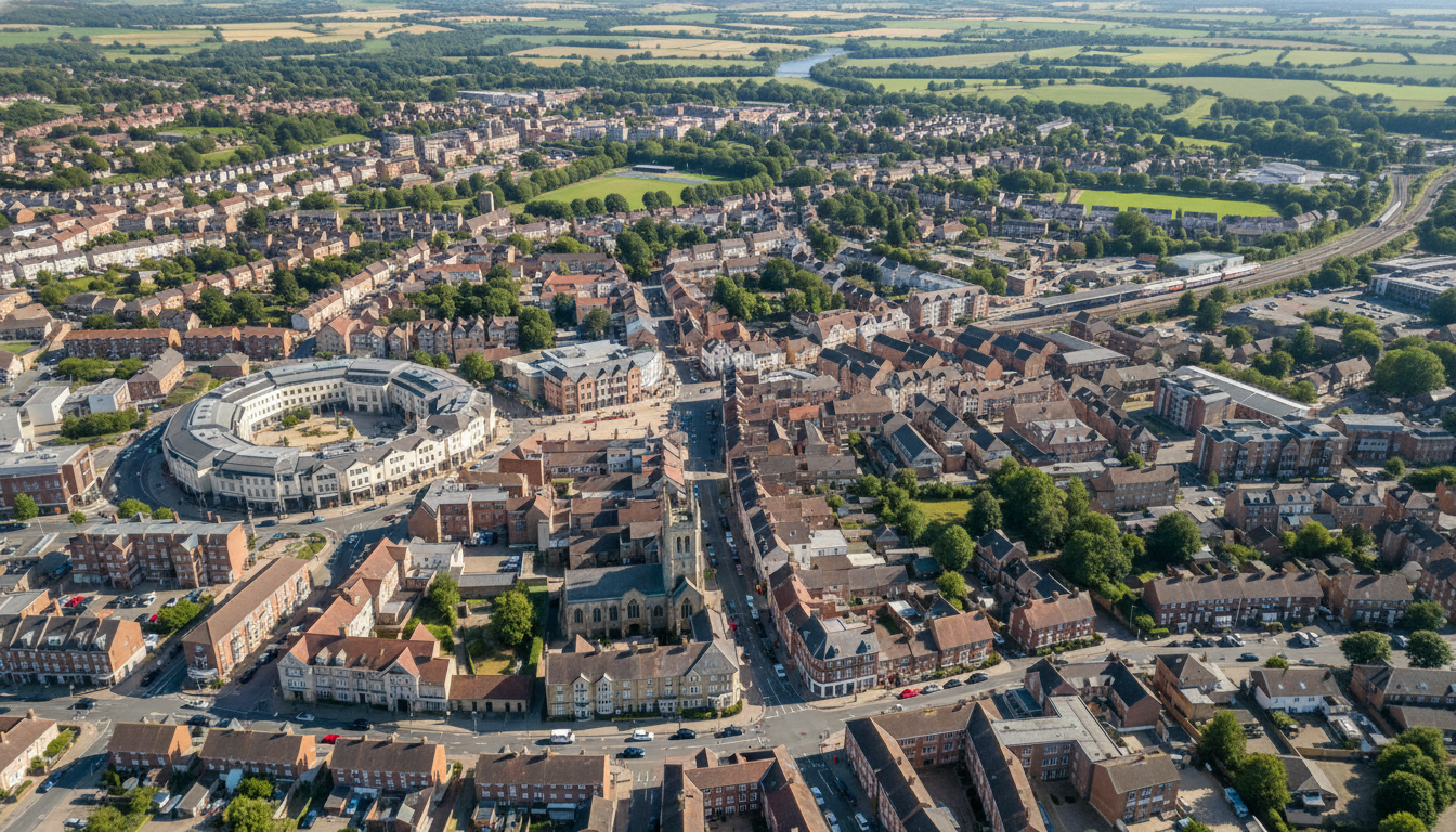 Bicester, UK - aerial view showing the town center and local architecture