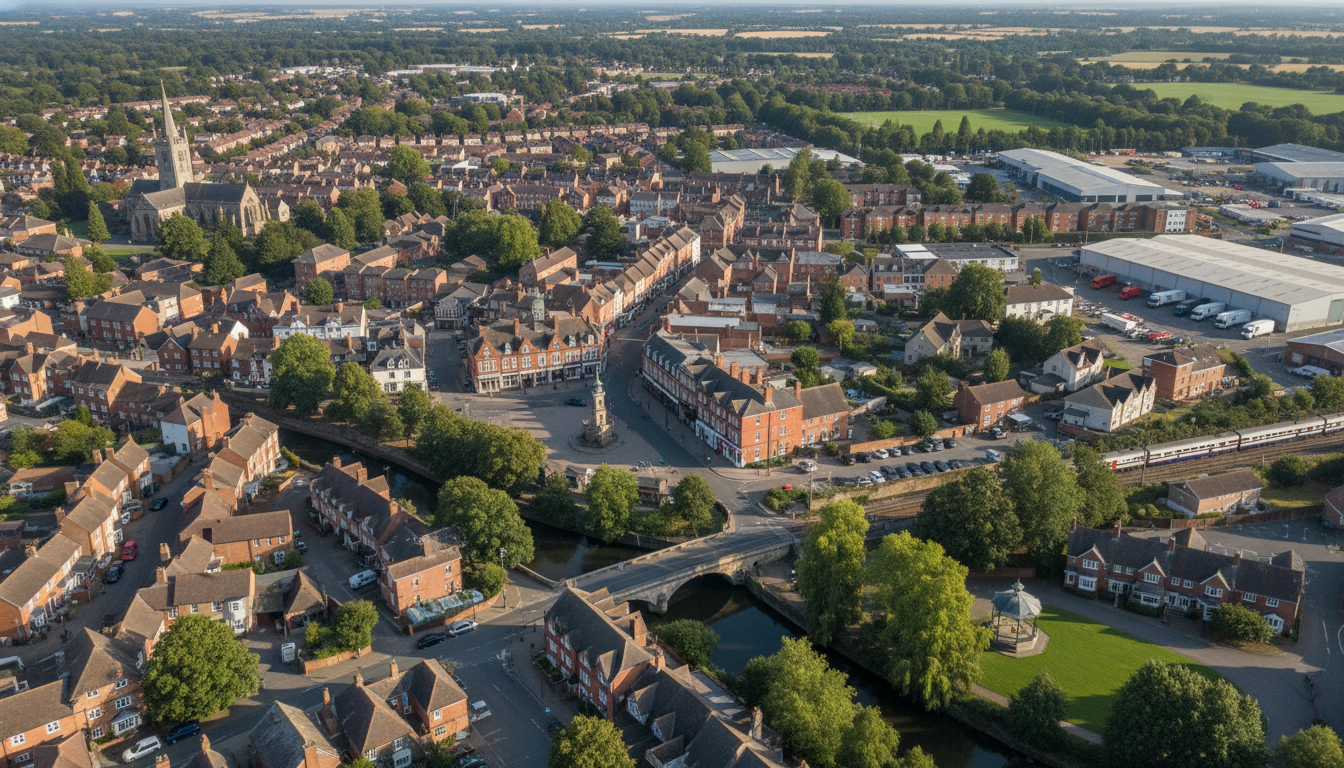 Biggleswade, UK - aerial view showing the town center and local architecture