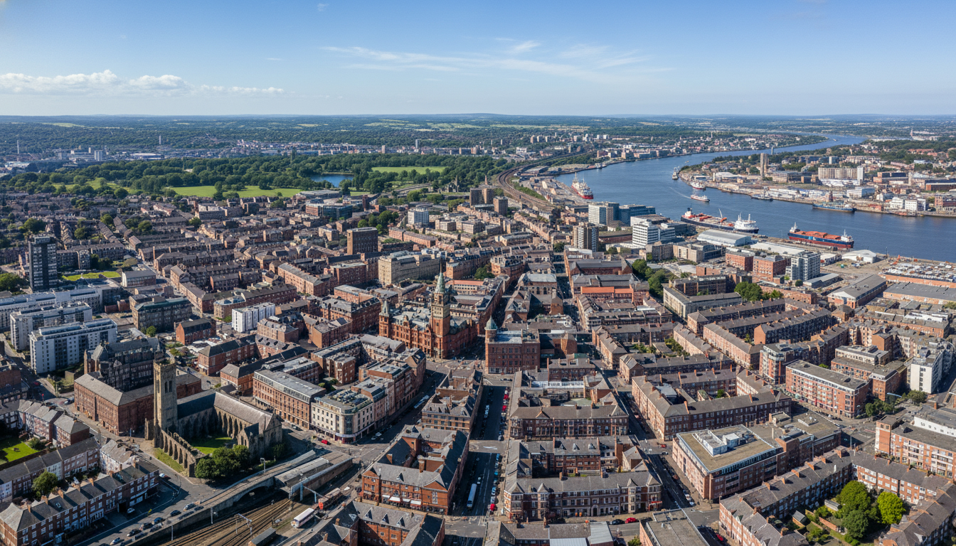 Birkenhead, UK - aerial view showing the town center and local architecture