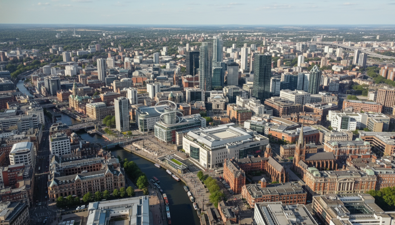 Birmingham, UK - aerial view showing the town center and local architecture