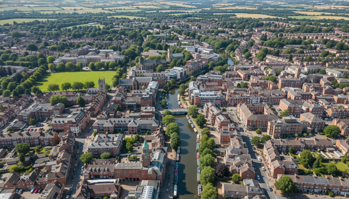 Bishop's Stortford, UK - aerial view showing the town center and local architecture