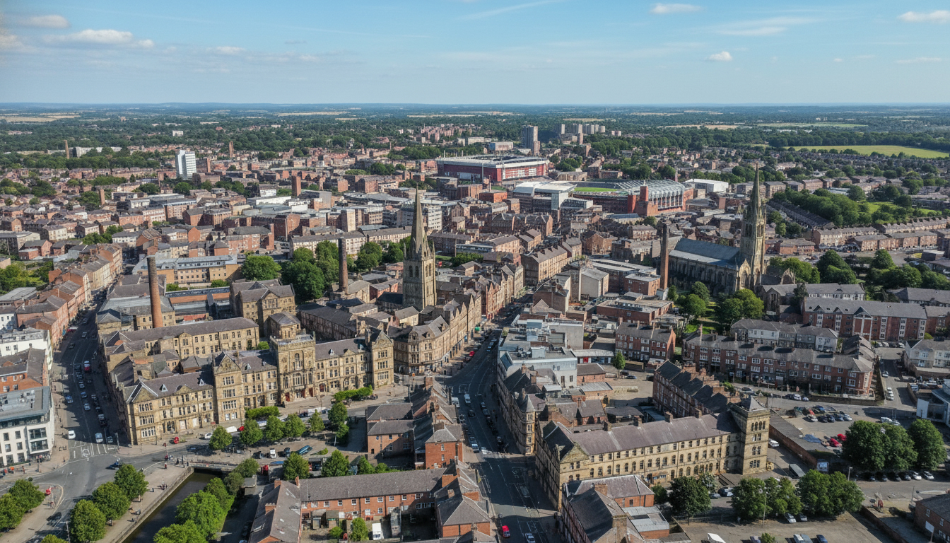 Blackburn, UK - aerial view showing the town center and local architecture