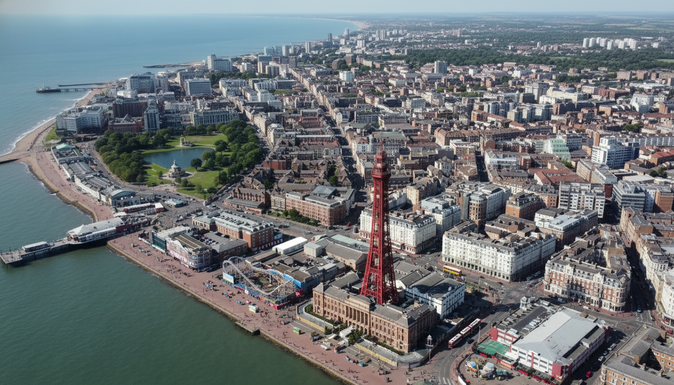 Blackpool, UK - aerial view showing the town center and local architecture