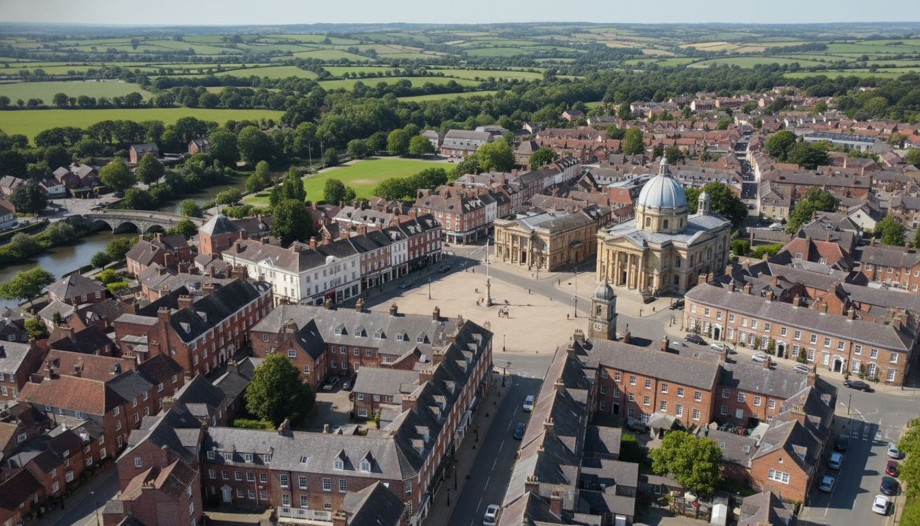 Blandford Forum, UK - aerial view showing the town center and local architecture