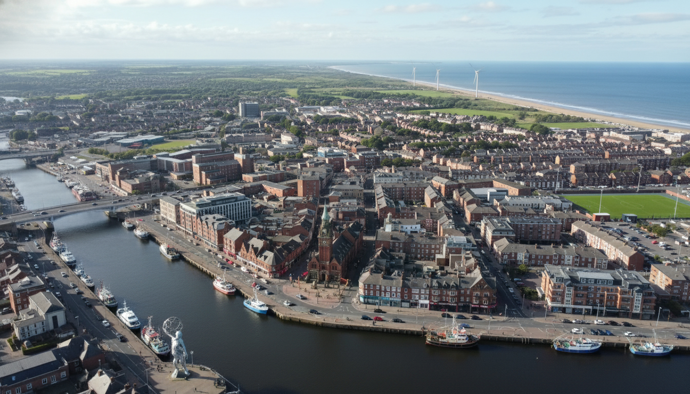 Blyth, UK - aerial view showing the town center and local architecture
