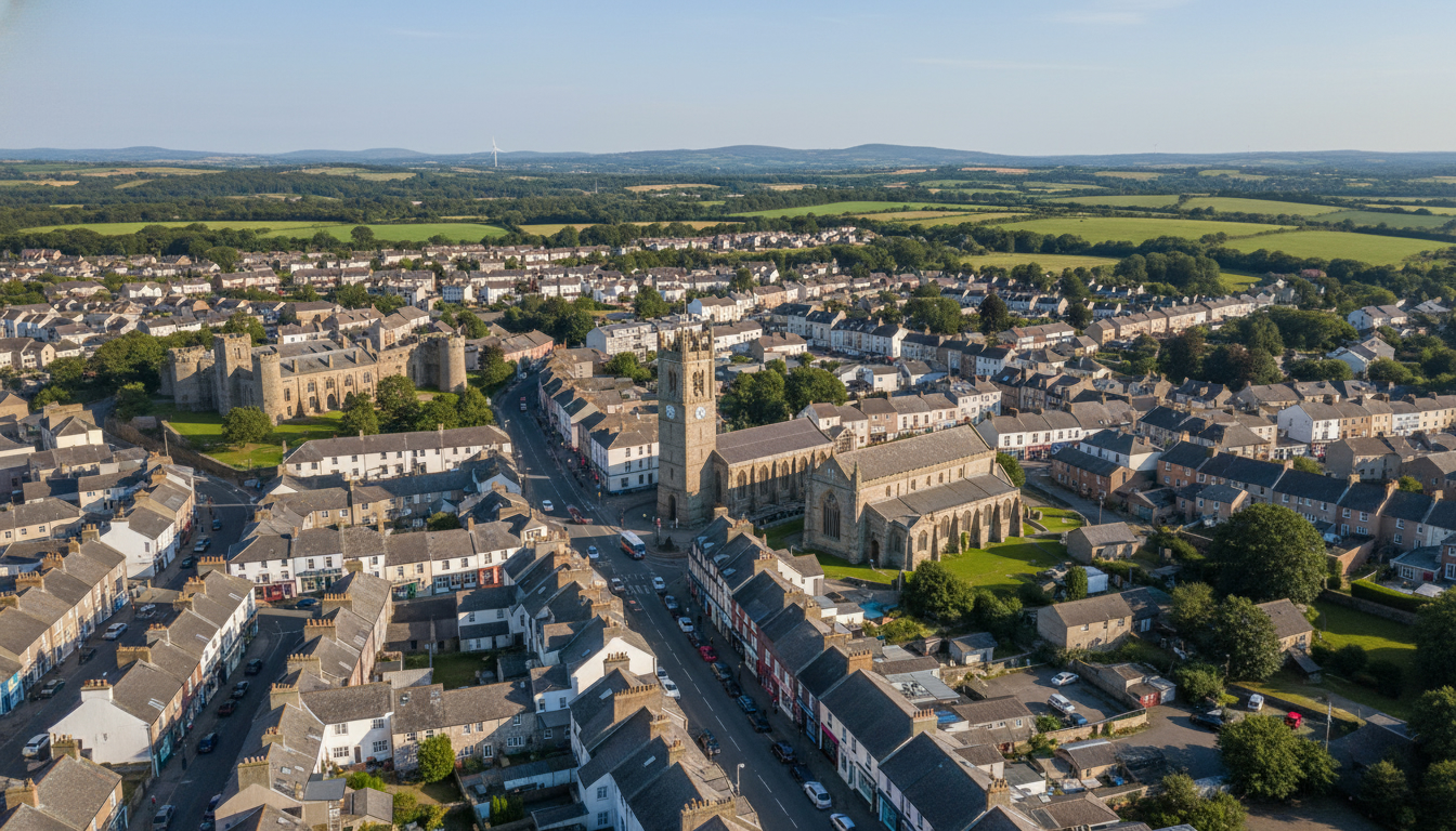 Bodmin, UK - aerial view showing the town center and local architecture
