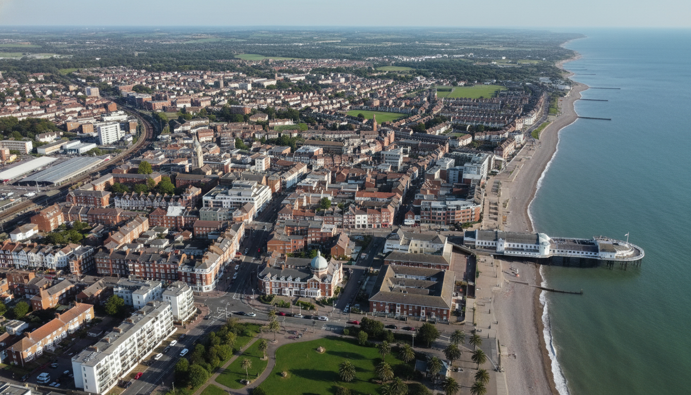 Bognor Regis, UK - aerial view showing the town center and local architecture