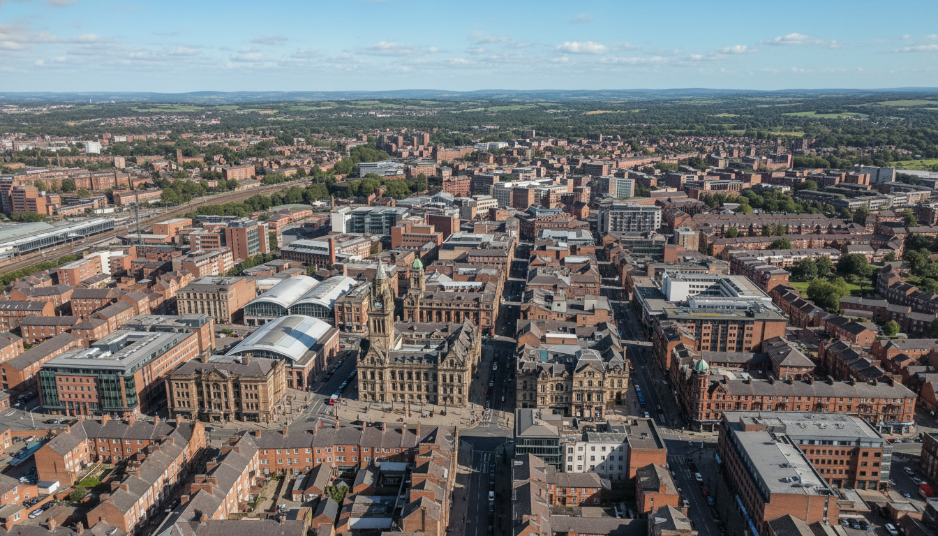 Bolton, UK - aerial view showing the town center and local architecture